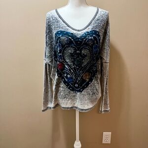 Go Couture Heart Design V Neck Thermal Oversized Small
